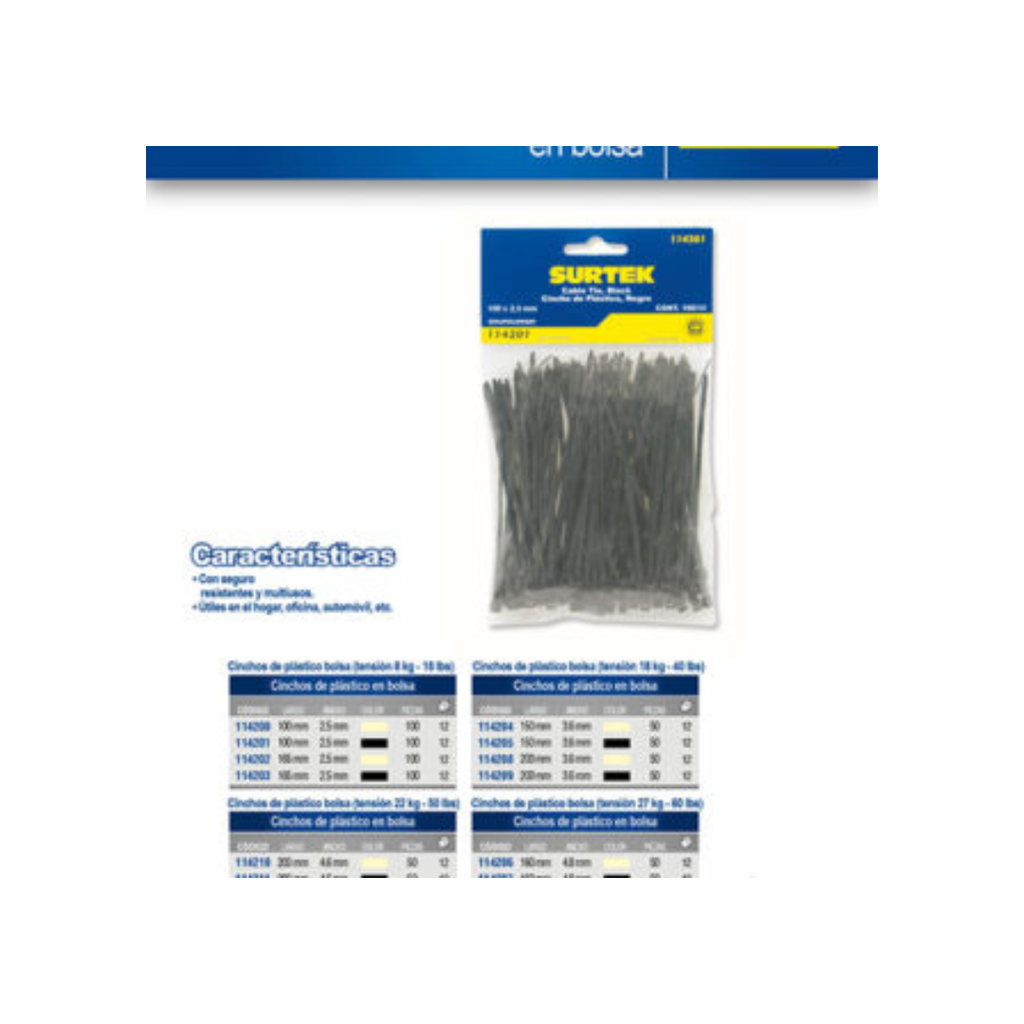 Cinchos plásticos 150 x 3.6 mm, tensión 18 Kg de 50 piezas color negro, 12pz Surtek