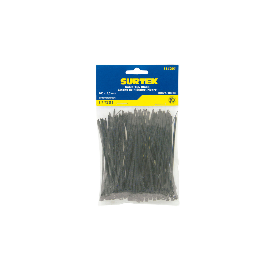 Cinchos plásticos 100 x 2.5 mm, tensión 8 Kg de 100 piezas, color negro, 12pz Surtek