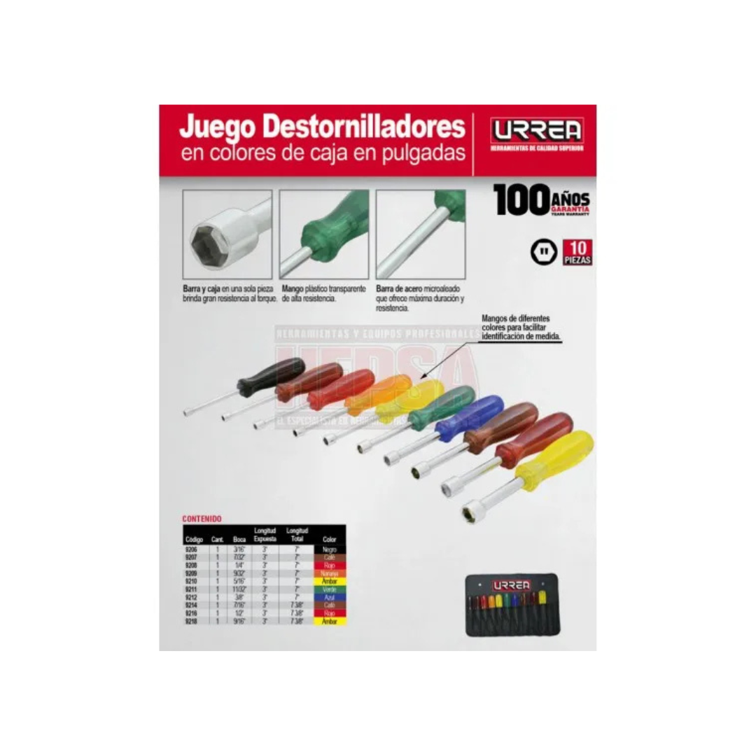 Juego 10 destornilladores de colores de caja pulgadas Urrea