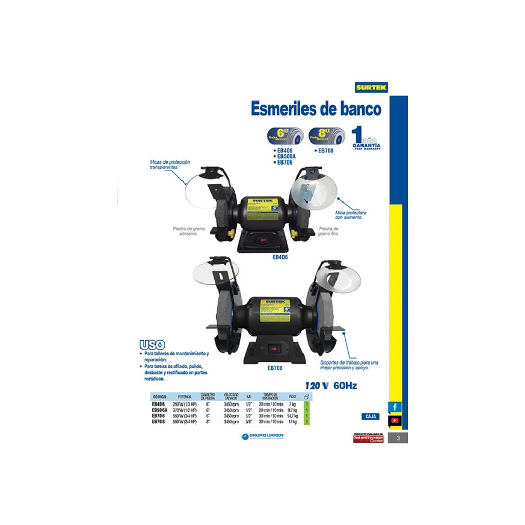Esmeril banco 6 pulgadas 250W Surtek