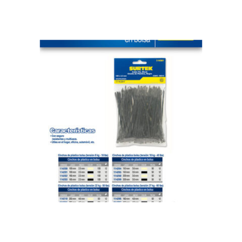 Cinchos plásticos 100 x 2.5 mm, tensión 8 Kg de 100 piezas, color natural, 12pz Surtek