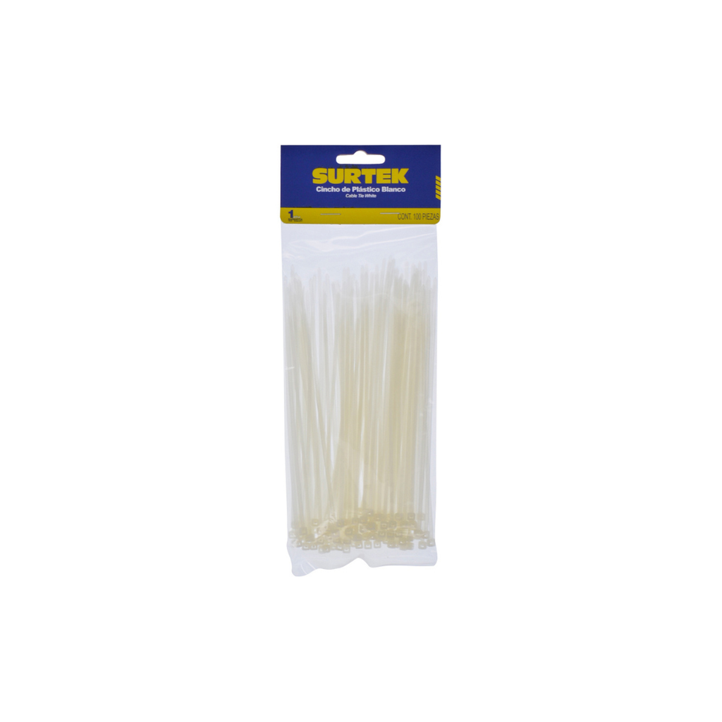Cinchos plásticos 100 x 2.5 mm, tensión 8 Kg de 100 piezas, color natural, 12pz Surtek