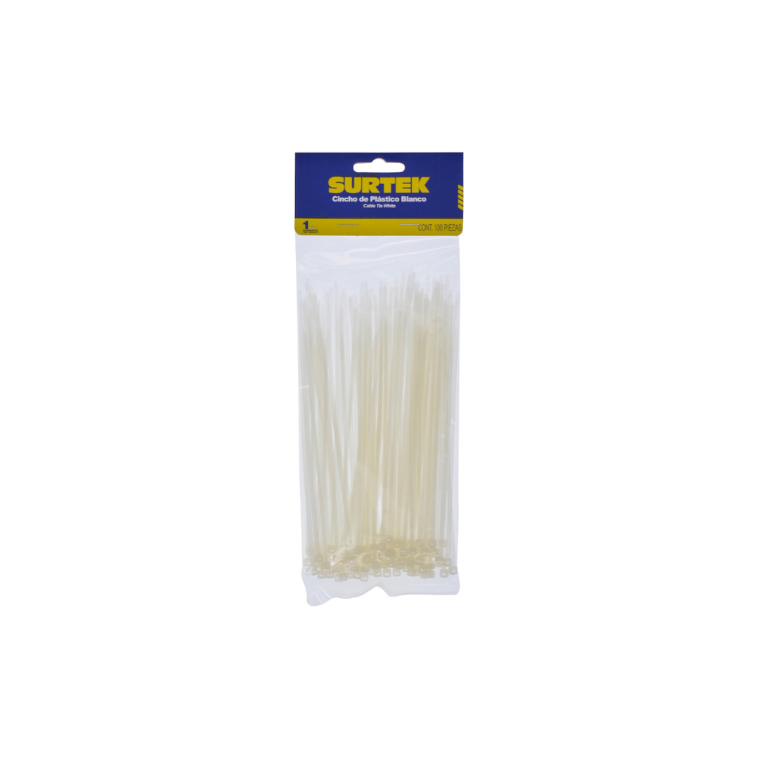 Cinchos plásticos 100 x 2.5 mm, tensión 8 Kg de 100 piezas, color natural, 12pz Surtek