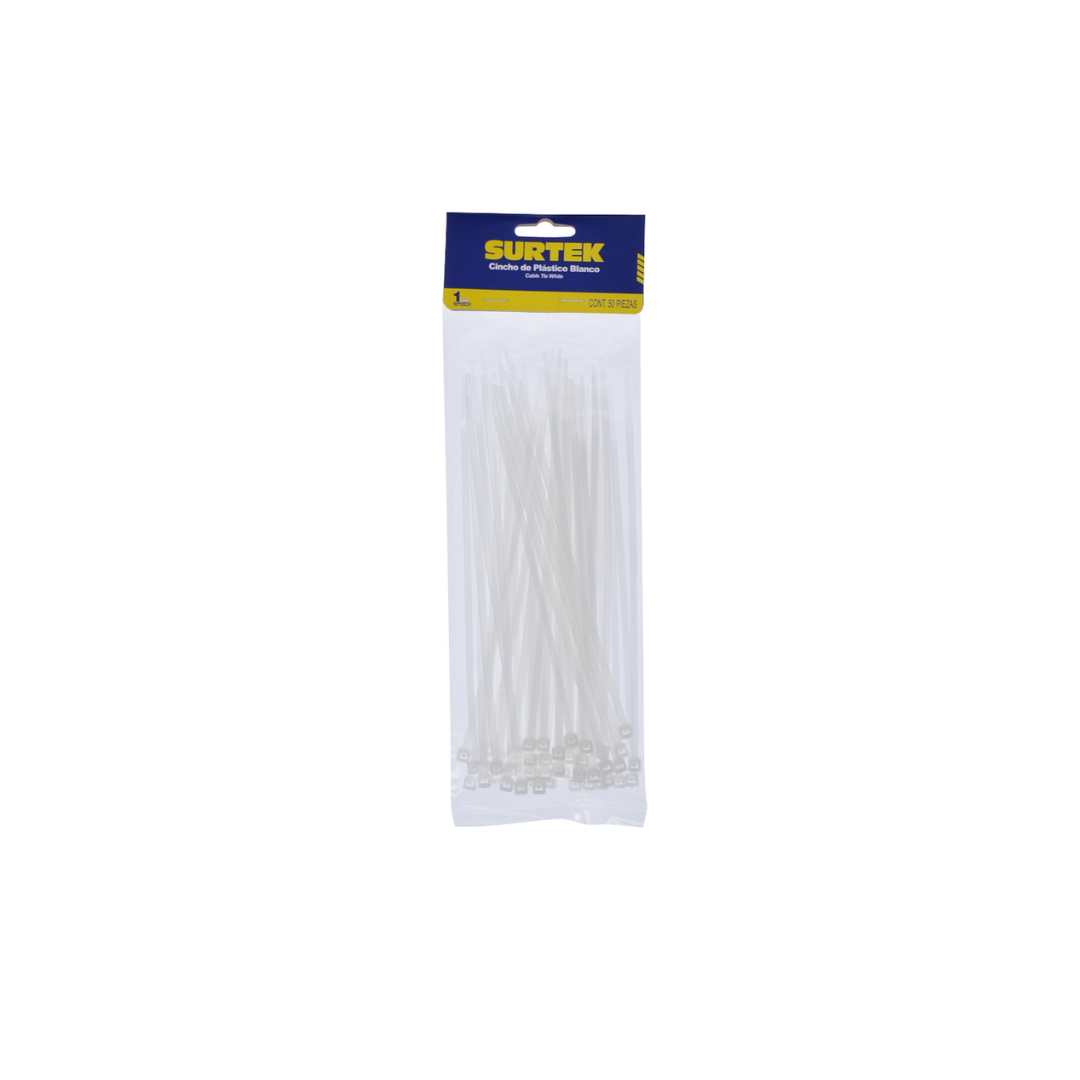 Cinchos plásticos 150 x 3.6 mm, tensión 18 Kg de 50 piezas color natural, 12pz Surtek