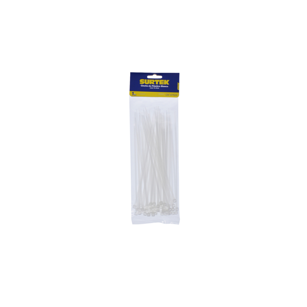 Cinchos plásticos 203 x 3.6 mm, tensión 18 Kg de 50 piezas color natural, 12pz Surtek