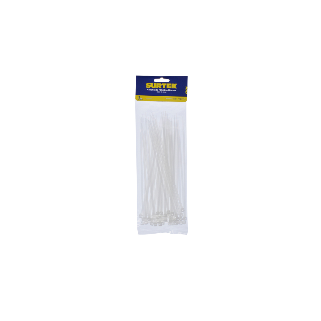 Cinchos plásticos 203 x 3.6 mm, tensión 18 Kg de 50 piezas color natural, 12pz Surtek