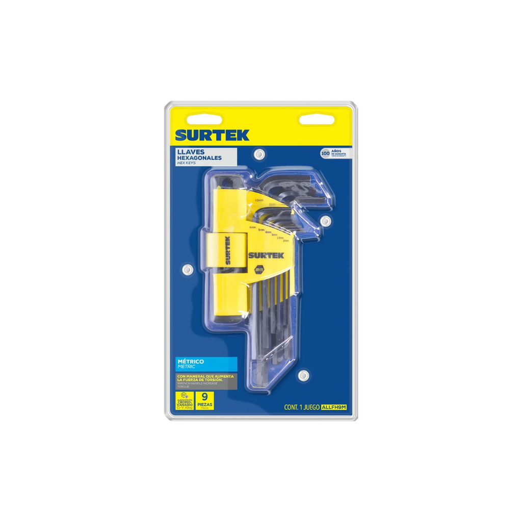 Juego Llaves Hexagonales, Tipo L, Extr Largas, Métricas, 9pz Surtek