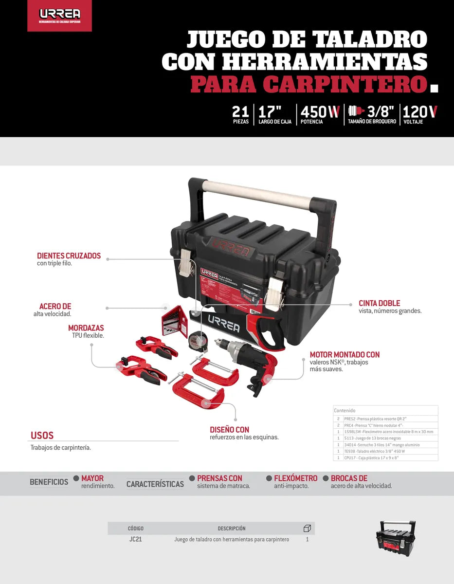 Juego De Herramienta Combinada Para Carpintero, 21 Piezas Urrea