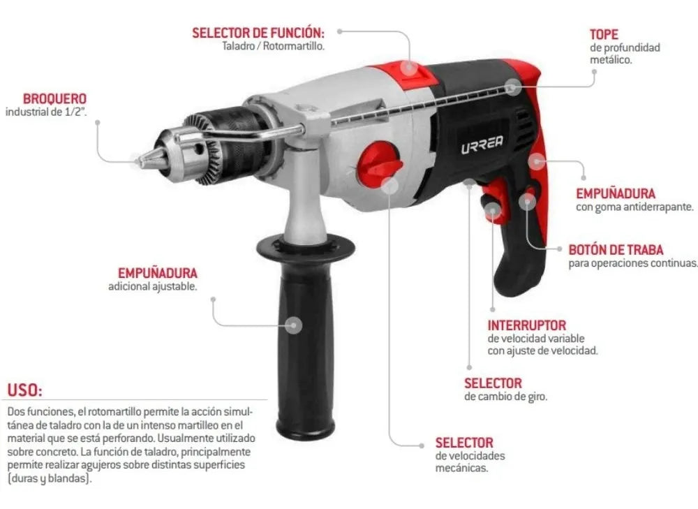 Rotomartillo Broquero 1/2 Reversible 850w Urrea