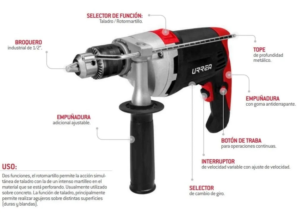 Taladro Rotomartillo 1/2 Velocidad Ajustable 850 W Color Gris Frecuencia 60hz Gris / 850 W | 60Hz Urrea