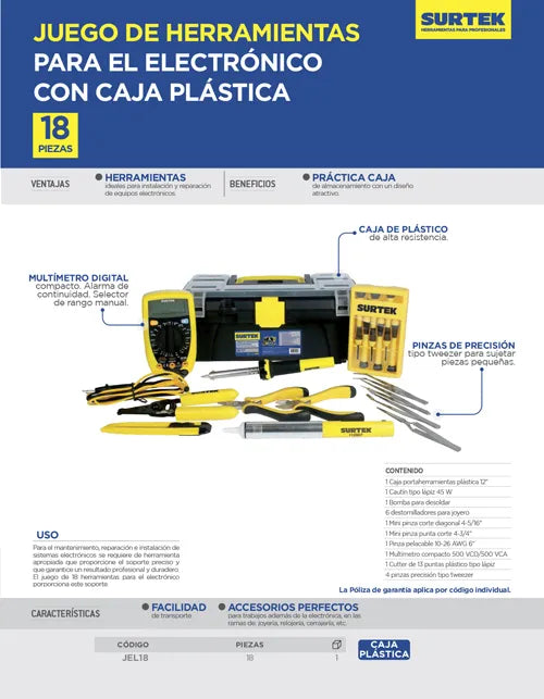 Juego Combinado De Herramienta Electricista, 18pz Surtek