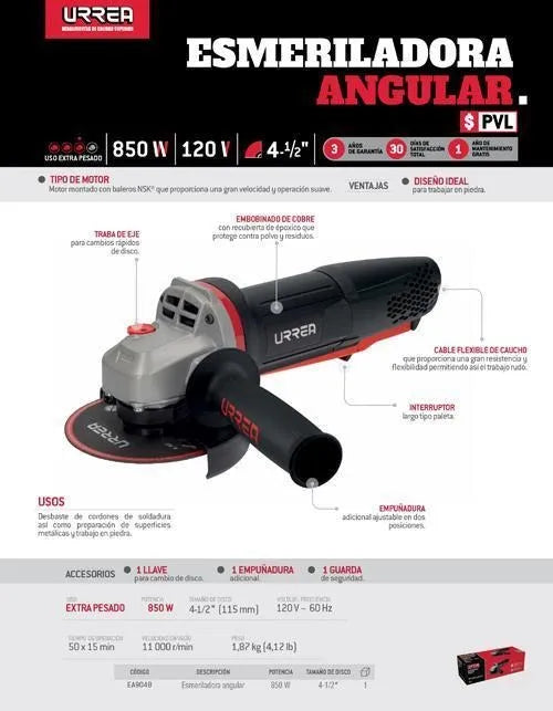 Mini Esmeriladora Angular 4-1/2 850 W 120 V Urrea Color Negro