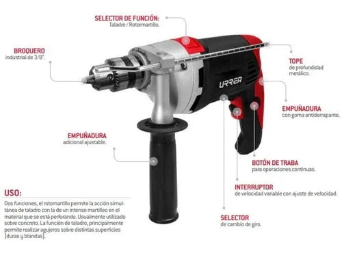 Taladro Rotomartillo 3/8 Función Reversible 850w Color Gris Urrea