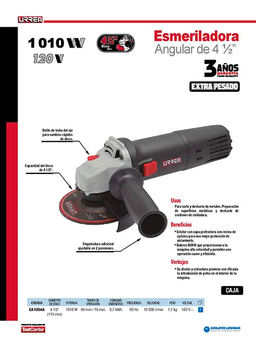 Mini Esmeriladora Angular 4-1/2 1010 W 120 V Urrea