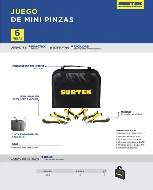 Juego Combinado De Mini Pinzas Electricista C/estuche, 6pz Surtek