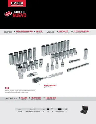 Juego De Dados Y Accesorios Cuadro De 3/8 Combinado, 54 Pz Urrea