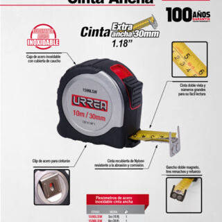 Flexómetro con carcasa de acero inoxidable 5 m x 30 mm Urrea