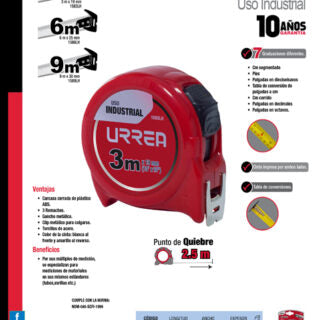 Flexómetro con carcasa de plástico 9 m x 30 mm en blíster Urrea