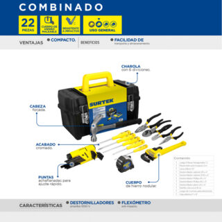 Juego combinado de herramientas con caja plástica, 22 piezas, Surtek
