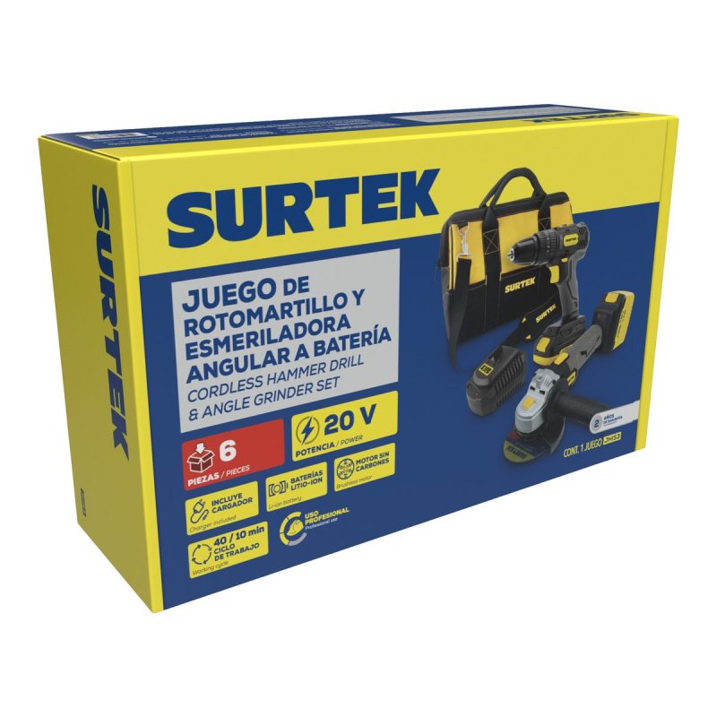 Juego de rotomartillo y esmeriladora a batería Li-ion 20 V, 2 piezas en mochila Surtek